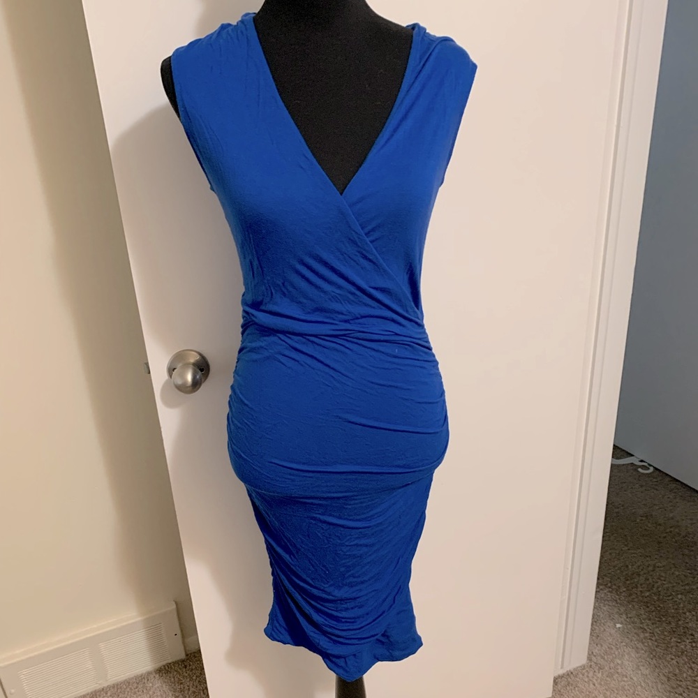 S Runched Sides Deep V Blue Knee length Dress